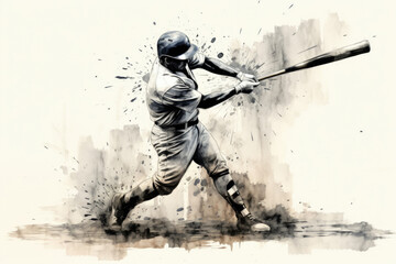 baseball player hits the ball with a bat in vintage drawing style