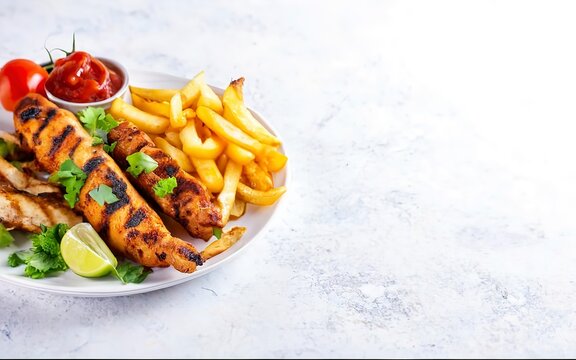Yummy Turkish chicken kebab prepared and servend on the white plate with lovely homegrown vegetables and salty french fries