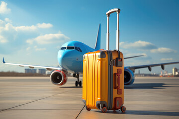 Orange suitcase at airport with airplane in background - obrazy, fototapety, plakaty