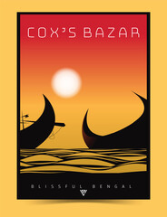 Cox's Bazar city poster illustration, Blissful Bangladesh, Sea beach illustration, poster art.
