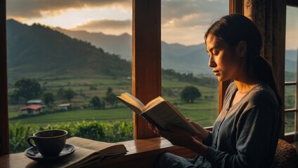 Reading girl against the backdrop of mountains