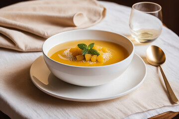 pumpkin soup in a white bowl