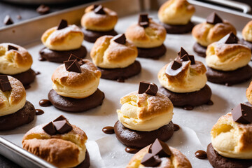 Cream puffs filled with chocolate pastry cream on a sheet pan. Chocolate Cream-Puff Trifle step-by-step.