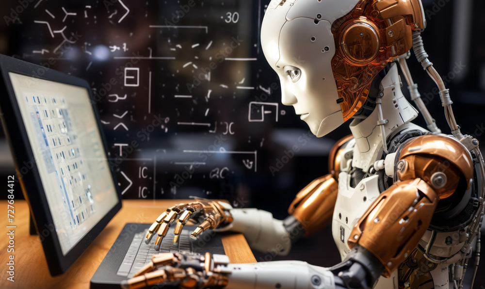 Poster advanced ai robot engaged in mathematics, attending a class with a digital tablet displaying complex