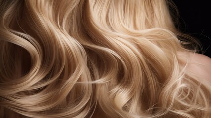 Fototapeta premium Blond hair close-up as a background. Women's long blonde hair. Beautifully styled wavy shiny curls. Hair coloring. Hairdressing procedures.