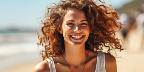 Radiant Woman with Curly Hair Smiling Joyfully at the Beach on a Sunny Day, Exuding Casual Elegance...