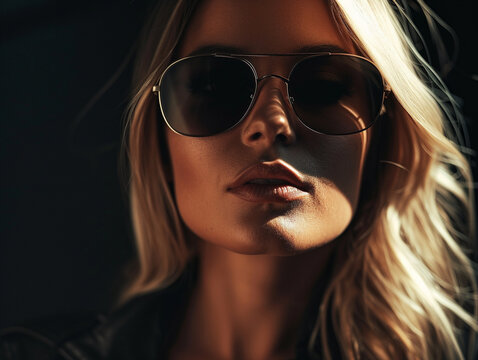 Face of a confident blonde woman with long straight hair and wearing sunglasses