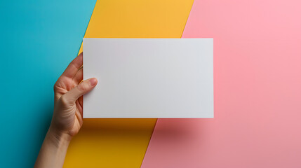 Minimalistic studio vibrant colorful hand holding showing blank white empty paper note with copy space for text ad advertising , business announcement promotion concept