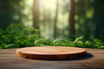 empty wooden tabletop podium in garden open forest, blurred green plants background with space. organic product presents natural placement pedestal display, spring and summer concept.