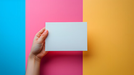 Minimalistic studio vibrant colorful hand holding showing blank white empty paper note with copy space for text ad advertising , business announcement promotion concept