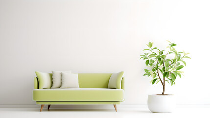 Fototapeta na wymiar modern interior design , living room, sofa , plants, vases , white, green ,vase,pillows, wooden floor