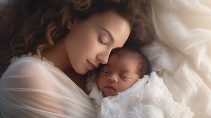 Fototapeta na wymiar Side view of beautiful young mom and her cute little baby sleeping in bed at home