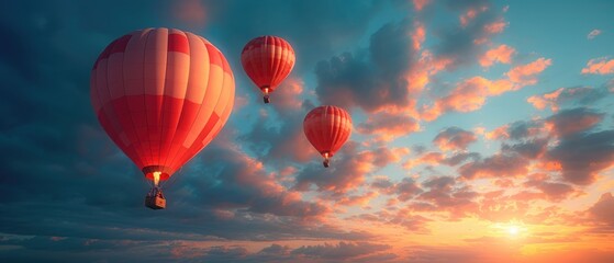 Obraz premium A cluster of hot air balloons against a sunset sky, whimsical and dreamy style, warm pinks and oranges