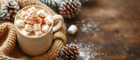 A cup of hot cocoa with marshmallows in a cozy winter setting, holiday theme, warm browns and whites