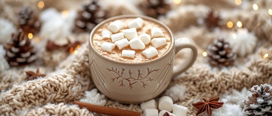 Obraz na płótnie Canvas A cup of hot cocoa with marshmallows in a cozy winter setting, holiday theme, warm browns and whites
