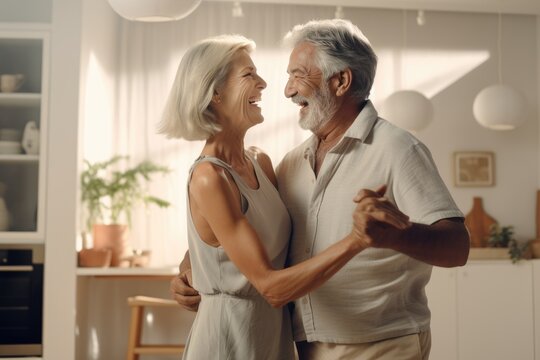 Romantic elderly married couple wife and husband dancing together to music in the living room, smiling, laughing, retired man and woman having fun, enjoying free time together at home