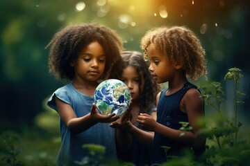 children of different nations hold a glass globe of the world. Healthy ecology of planet Earth. A healthy future for our generation. green glass background. Save the world. - obrazy, fototapety, plakaty