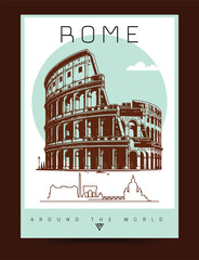 Rome city poster illustration. Cityscape poster with colosseum, European summer vacation, holidays concept. Vintage vector colorful art illustrations