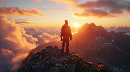 Fototapeta premium A climber stands at the top of a mountain enjoying the warm light of the rising sun