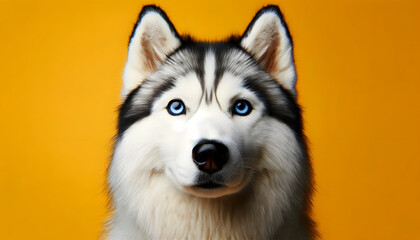 A close-up front view of a Siberian Husky on a yellow background
