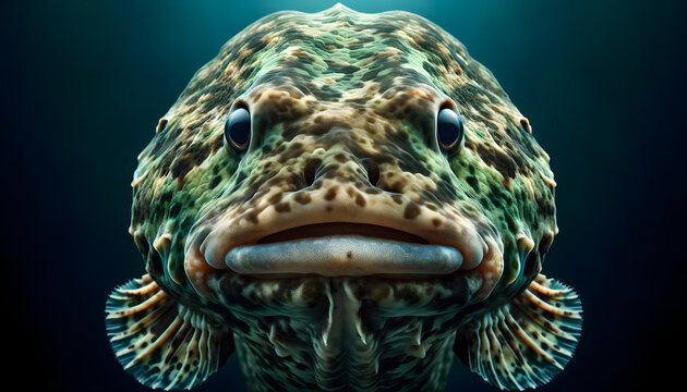 A close-up front view of a lungfish (dipnoi), on a marine background