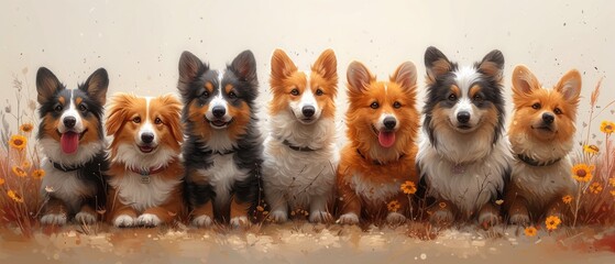 Sweet pet portrait featuring a group of dogs on different colored backgrounds