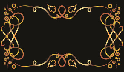 Fantasy ornament with leaves, ovals and curls. Symmetrical ornament, applique, background with space for inscription. Gold gradient on a black background for printing on fabric, applique and cards.