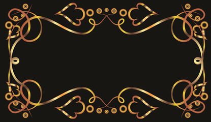 Fantasy ornament with leaves, ovals and curls. Ornament, applique, background with space for an inscription. Gold gradient on a black background for printing on fabric, applique and cards.