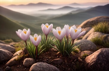Crocuses bloom in spring near rocks in the misty mountains. Colorful sunset