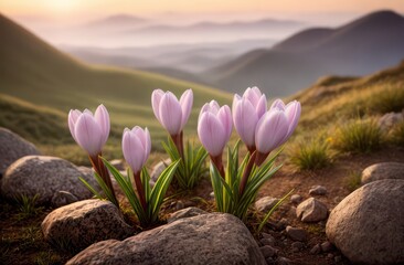Crocuses bloom in the spring in the mountains near the stones. Colorful sunset