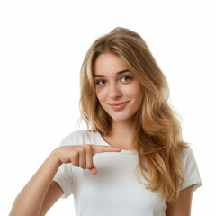 cute blonde girl with long hair points with her finger in the direction and smiles