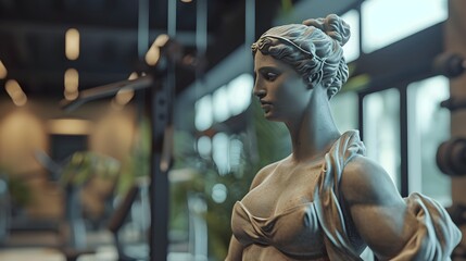 Female Stone statue Goddess workout in gym, concept of healthy lifestyle