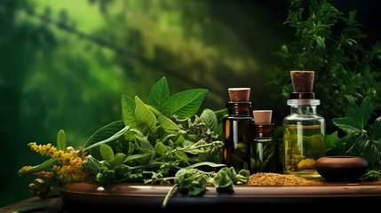 Poster Organic essential oil In glass bottles , herbal extracts and medical flowers herbs . Alternative therapy, aromatherapy. Natural ingredients in cosmetic and medicine © Nastya