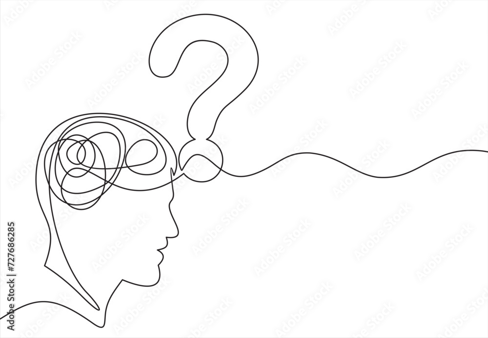 Poster concept of confused feelings in one continuous line drawing. human head with question mark inside in