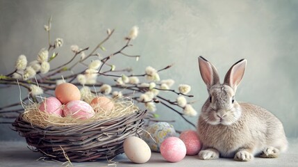 Fototapeta na wymiar Cute bunny with eggs in nest on light gray stone background. Spring and Easter holiday greeting card