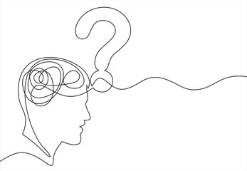 Concept of confused feelings in one continuous line drawing. Human head with question mark inside in simple linear style. Doodle Vector illustration for banner, brochure, poster, presentation