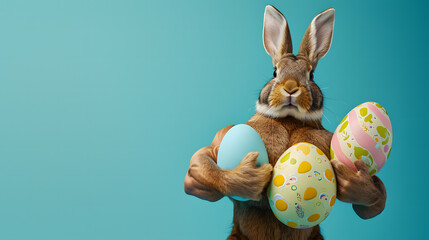 Easter bunny rabbit bodybuilder with big hard Easter eggs on blue plain background, copy space. Sporty rabbit