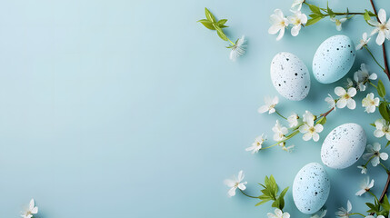 Happy Easter! Pastel blue Easter background with eggs and flowers. Stylish tender spring template with space for text. Greeting card or banner - Powered by Adobe