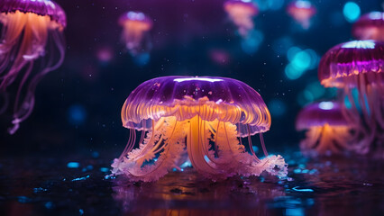 Fototapeta na wymiar neon jellyfish on the ocean floor, Marine life
