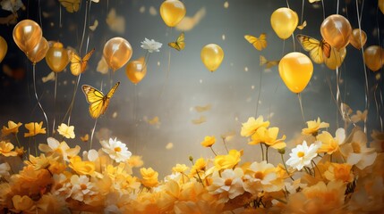 Obraz na płótnie Canvas A Magical Celebration: Golden Balloons and Butterflies Amidst a Shower of Sparkling Confetti