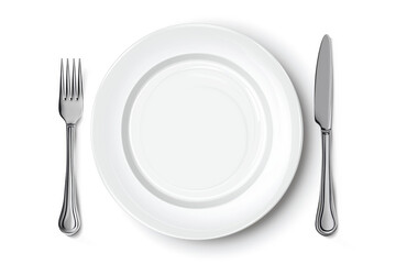 Plate, fork and knife on white background