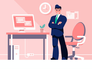 Businessman at his workplace. Businessman stands with arms crossed on chest. Standing confident man in a suit and tie. Office workplace. Desk with computer and office chair. Vector graphics