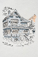 House sketch created with black ink and markers. Color illustration on watercolor paper