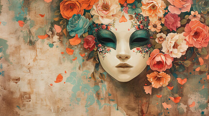 Face Obscured by a Fine Porcelain Mask Decorated with Bright Flowers.