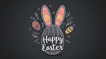 Happy easter poster banner, minimal line drawing illustration concept with a black background - obrazy, fototapety, plakaty