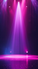 Stage Lights on Empty Stage illuminated by spotlights. An empty stage club with bright stage lights and lights beams through a smokey atmosphere background. Generative ai
