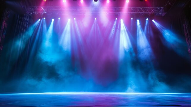 Stage Lights on Empty Stage illuminated by spotlights. An empty stage club with bright stage lights and lights beams through a smokey atmosphere background. Generative ai