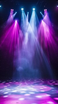 Stage Lights on Empty Stage illuminated by spotlights. An empty stage club with bright stage lights and lights beams through a smokey atmosphere background. Generative ai