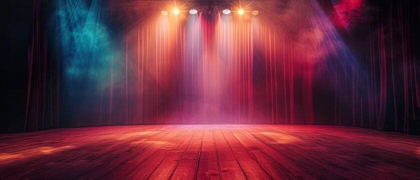 Stage Lights on Empty Stage illuminated by spotlights. An empty stage club with bright stage lights and lights beams through a smokey atmosphere background. Generative ai