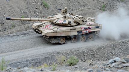 A tank moves through arid terrain
